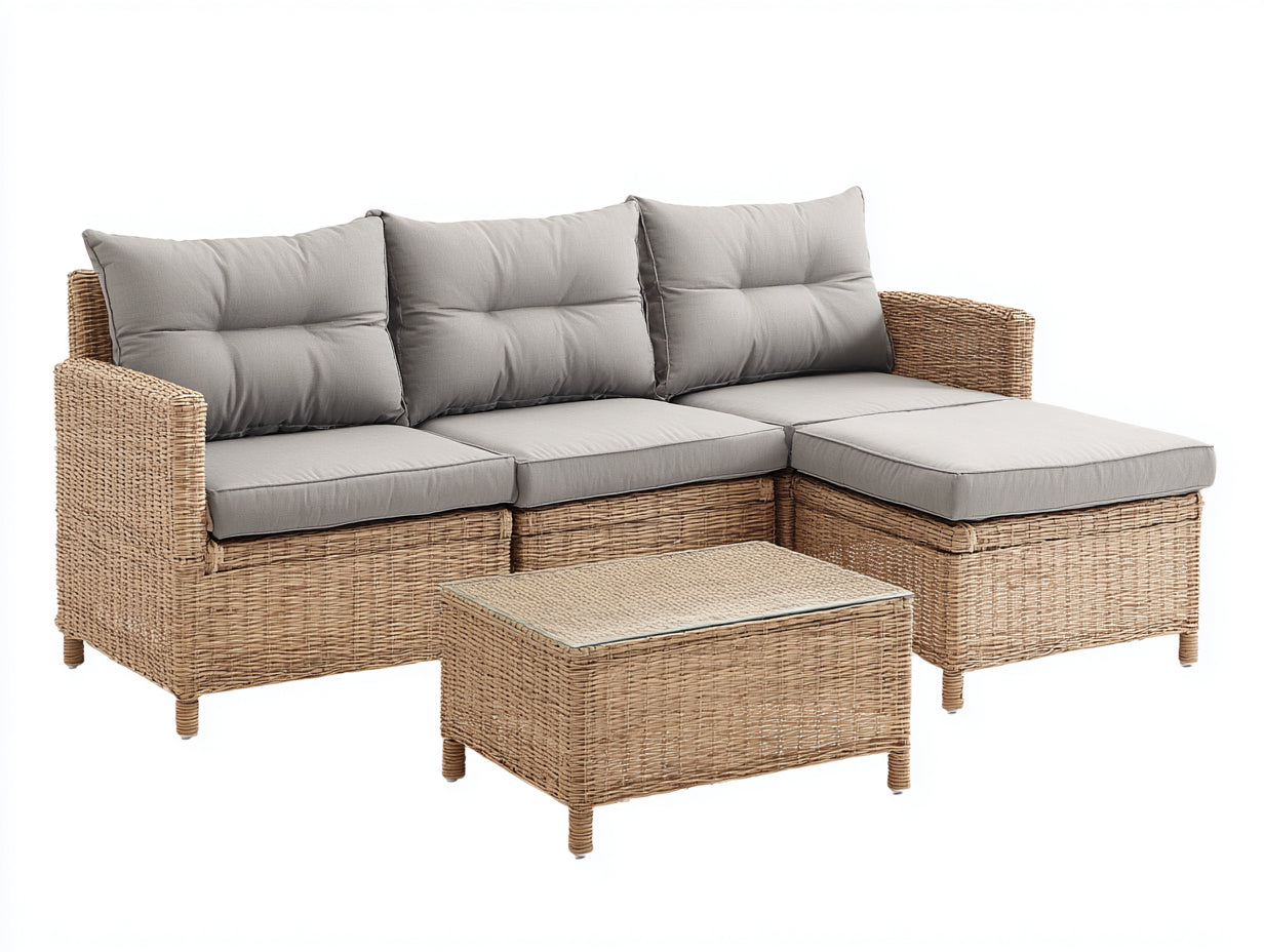 Canapé de jardin - Résine tressée-Tissu-Verre - 235x175x88 cm - Gris clair-Beige naturel - Contemporain