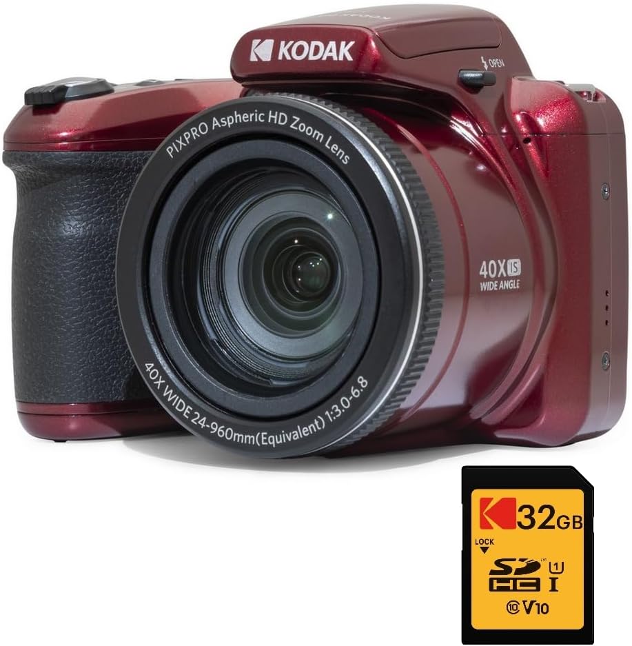 KODAK Pixpro AZ405 pack bridge - appareil 20 MP rouge zoom optique 40x grand angle - vidéo Full HD 1080p stabilisation optique - carte SDHC U1 32 Go pile AA