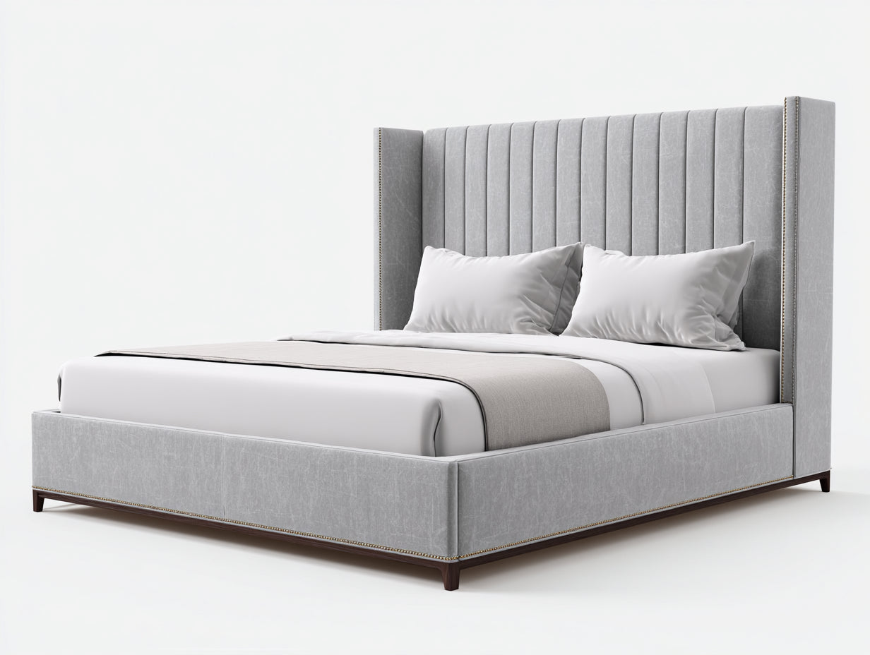 Lit double - velours-bois-métal - 208x168x124 cm - gris clair-blanc-marron - style moderne