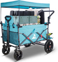 TOPWELL Chariot de camping pliable turquoise - Charge jusqu à 120,2 kg avec 2 sièges pliables - 4 roues à dégagement rapide - Poignée réglable pour transport extérieur