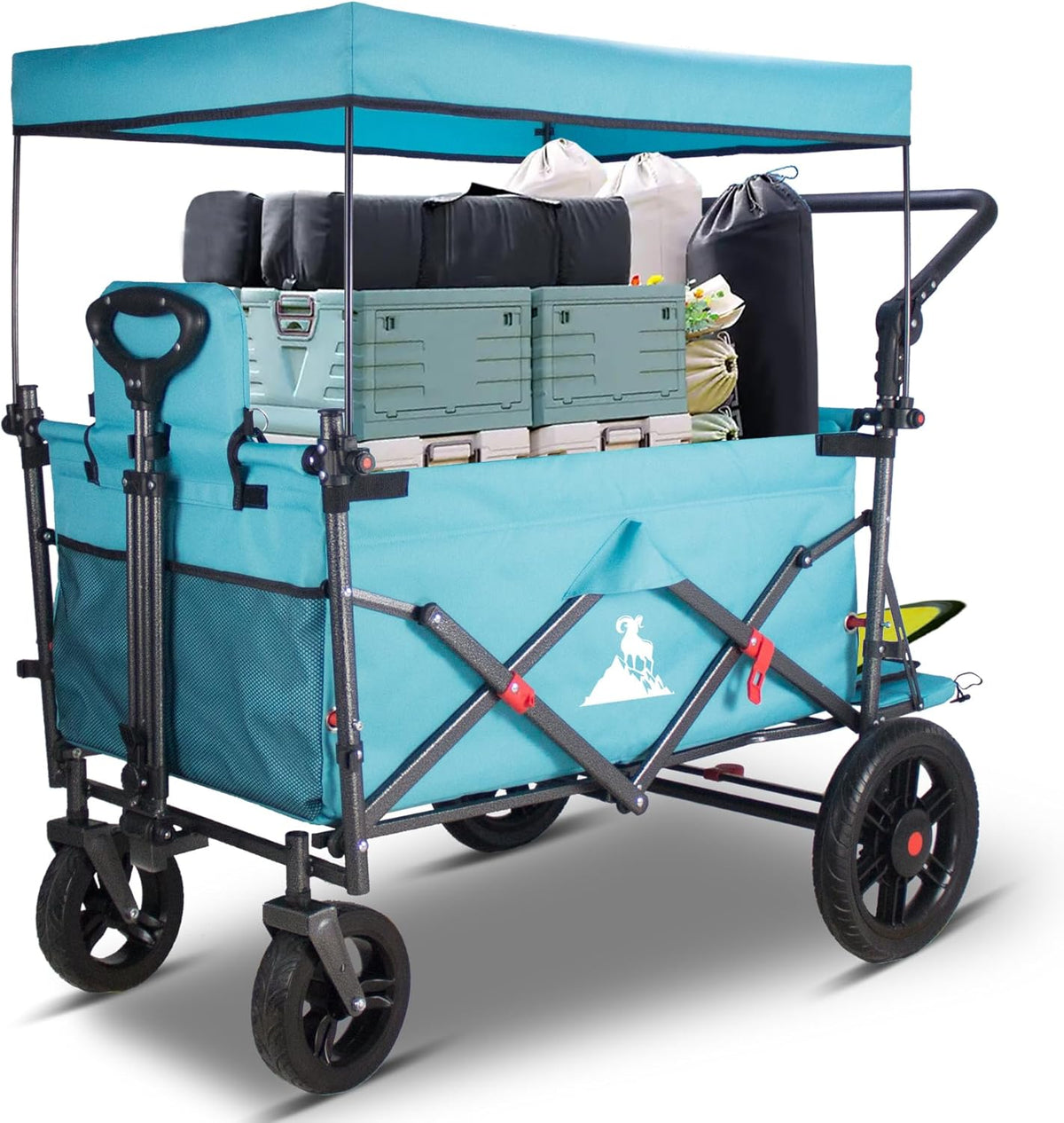 TOPWELL Chariot de camping pliable turquoise - Charge jusqu à 120,2 kg avec 2 sièges pliables - 4 roues à dégagement rapide - Poignée réglable pour transport extérieur