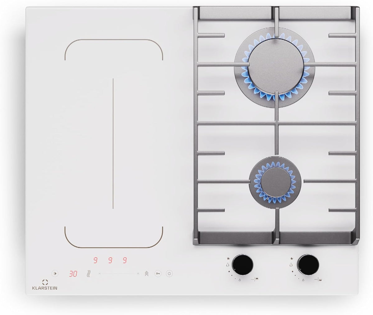 Klarstein MultiChef 4 Plaque mixte gaz induction 7 kW - 2 brûleurs gaz et 2 zones induction Flexzone - Stop and Go et minuterie - Verre trempé blanc encastrable