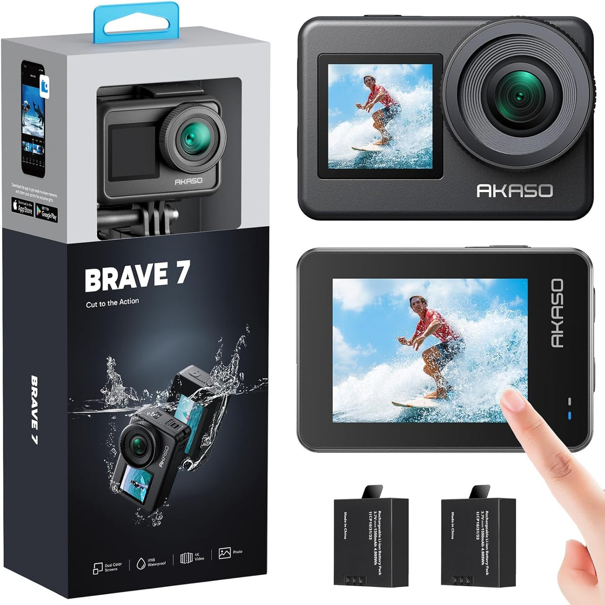AKASO Brave 7 Caméra sport 4K 30 fps 20 MP - Double écran tactile et étanchéité IPX8 - Stabilisation EIS 2.0 grand angle zoom - Télécommande 2 batteries 1350 mAh WiFi