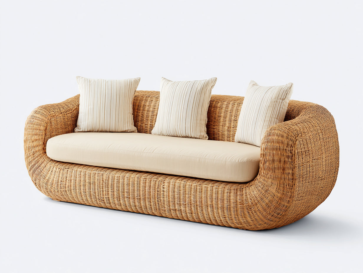 Canapé de jardin - Résine tressée-Tissu - 185x88x78 cm - Beige naturel-Crème - Style organique