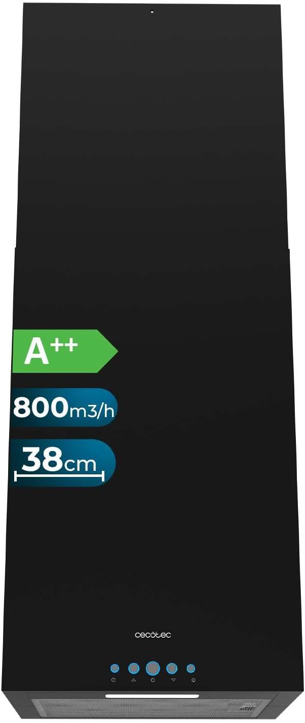 Cecotec Bolero Flux ICT 388000 Black A++ Hotte îlot 38 cm - Débit 800 m3 par h avec moteur 210 W - Commande électronique et lumière - 2 filtres charbon inclus