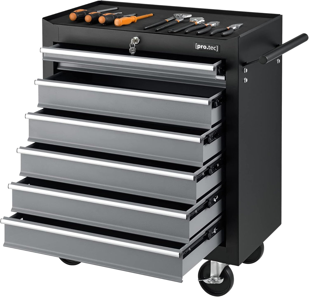 pro tec chariot atelier outils - 7 tiroirs verrouillables avec tapis antidérapants - acier revêtu poudre noir argenté - dimensions 69 x 33 x 77,5 cm sur roues