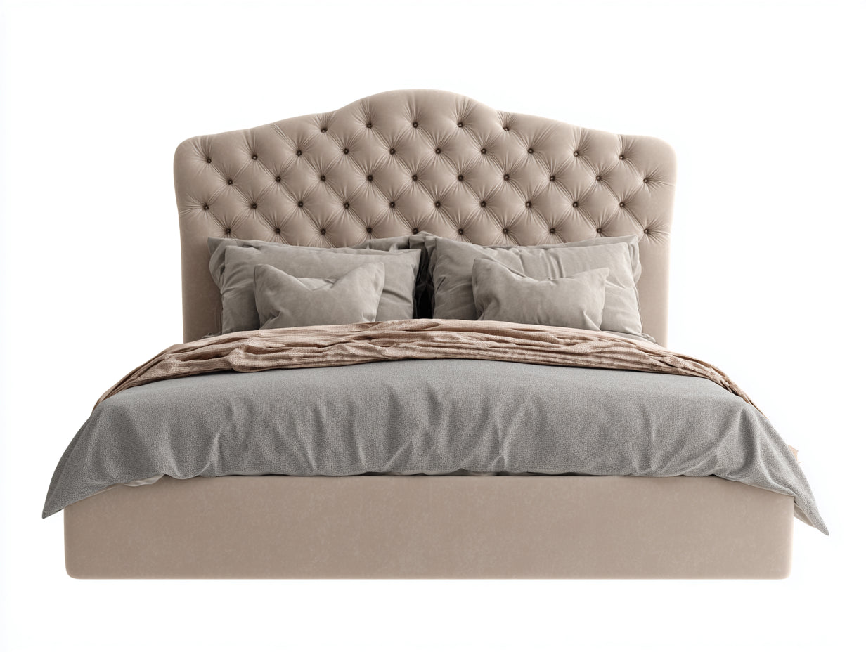 Lit double - velours-bois - 208x168x126 cm - beige-gris-marron - style capitonné