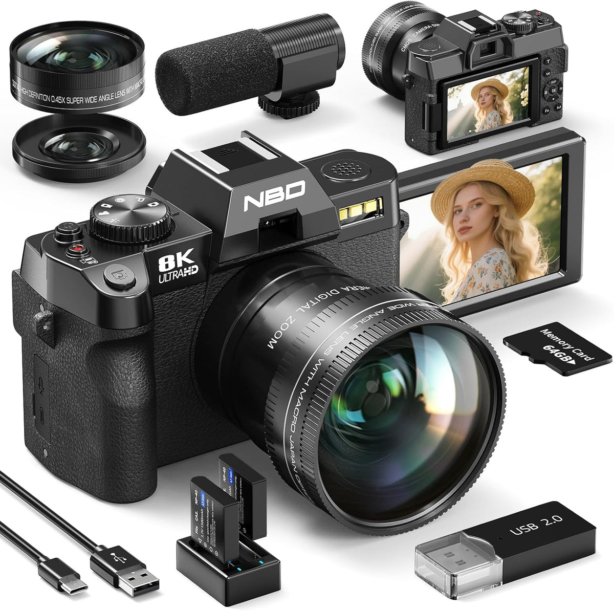 NBD appareil photo numérique 8K - photo 64 MP noir autofocus zoom numérique 16x - écran IPS 3 pouces rotatif 180 degrés - WiFi grand angle macro micro carte 64 Go