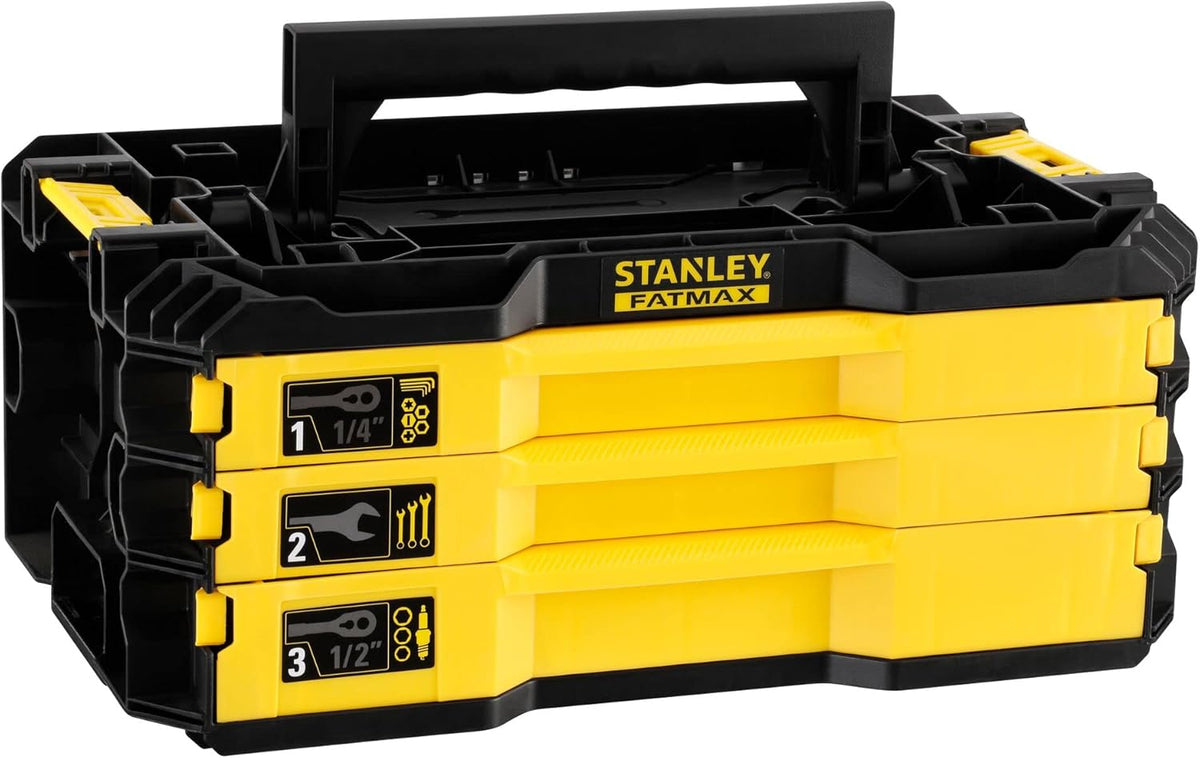 Stanley PRO STACK boîte outils - 3 tiroirs équipée 126 pièces finition noire - acier allié et plastique - rangement modulaire pour atelier maintenance et transport professionnel