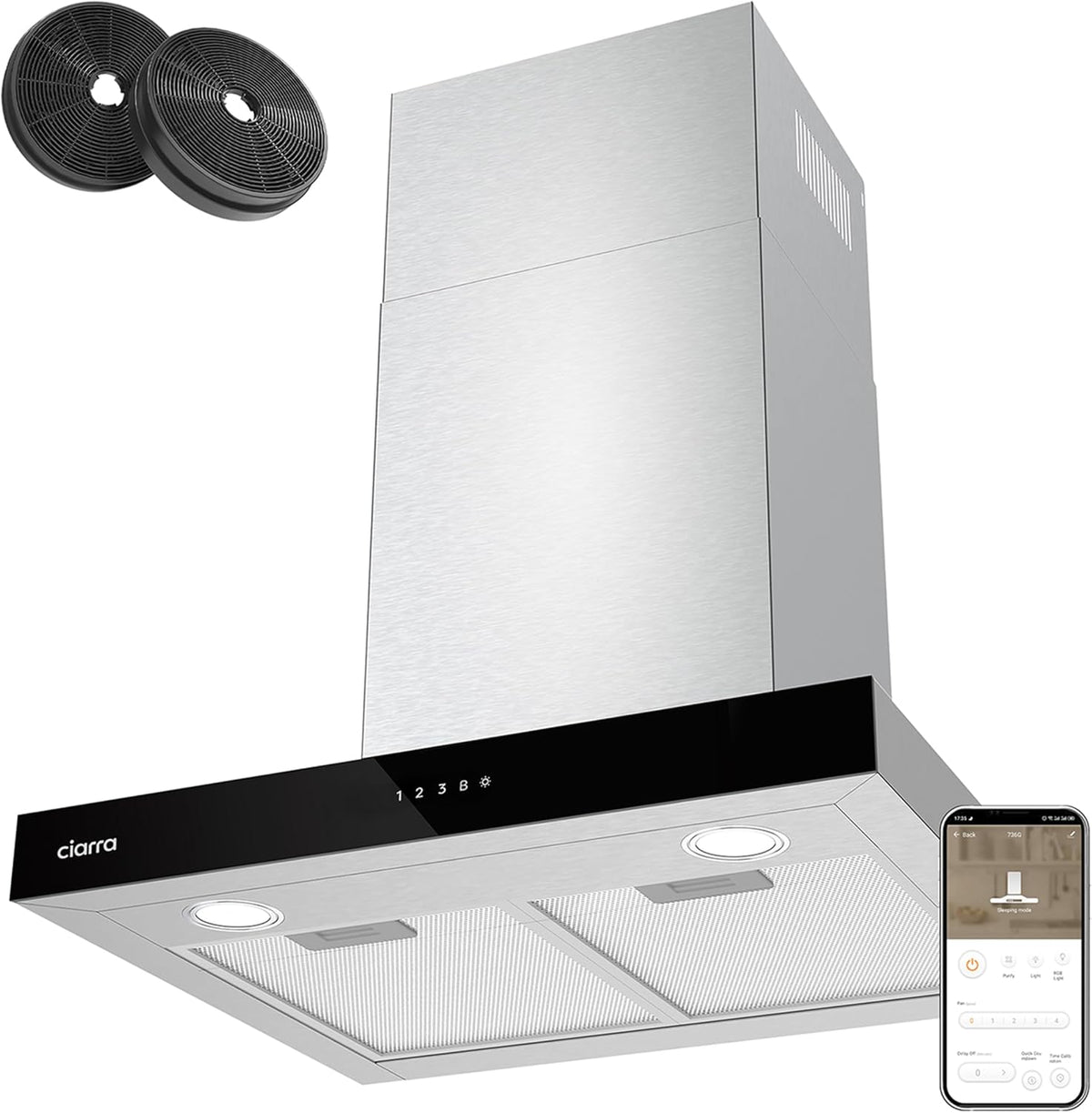 Ciarra CBCS6102 Hotte aspirante murale 60 cm - Débit 650 m3 par h avec 4 vitesses et Boost - Commande tactile WiFi - Inox brossé LED réglable classe A+++