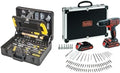 STANLEY valise maintenance 142 pièces - outils métal avec 6 compartiments - perceuse visseuse BLACK DECKER 18 V - 2 batteries chargeur et 80 accessoires inclus