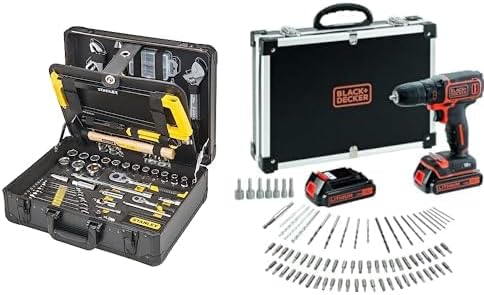 STANLEY valise maintenance 142 pièces - outils métal avec 6 compartiments - perceuse visseuse BLACK DECKER 18 V - 2 batteries chargeur et 80 accessoires inclus