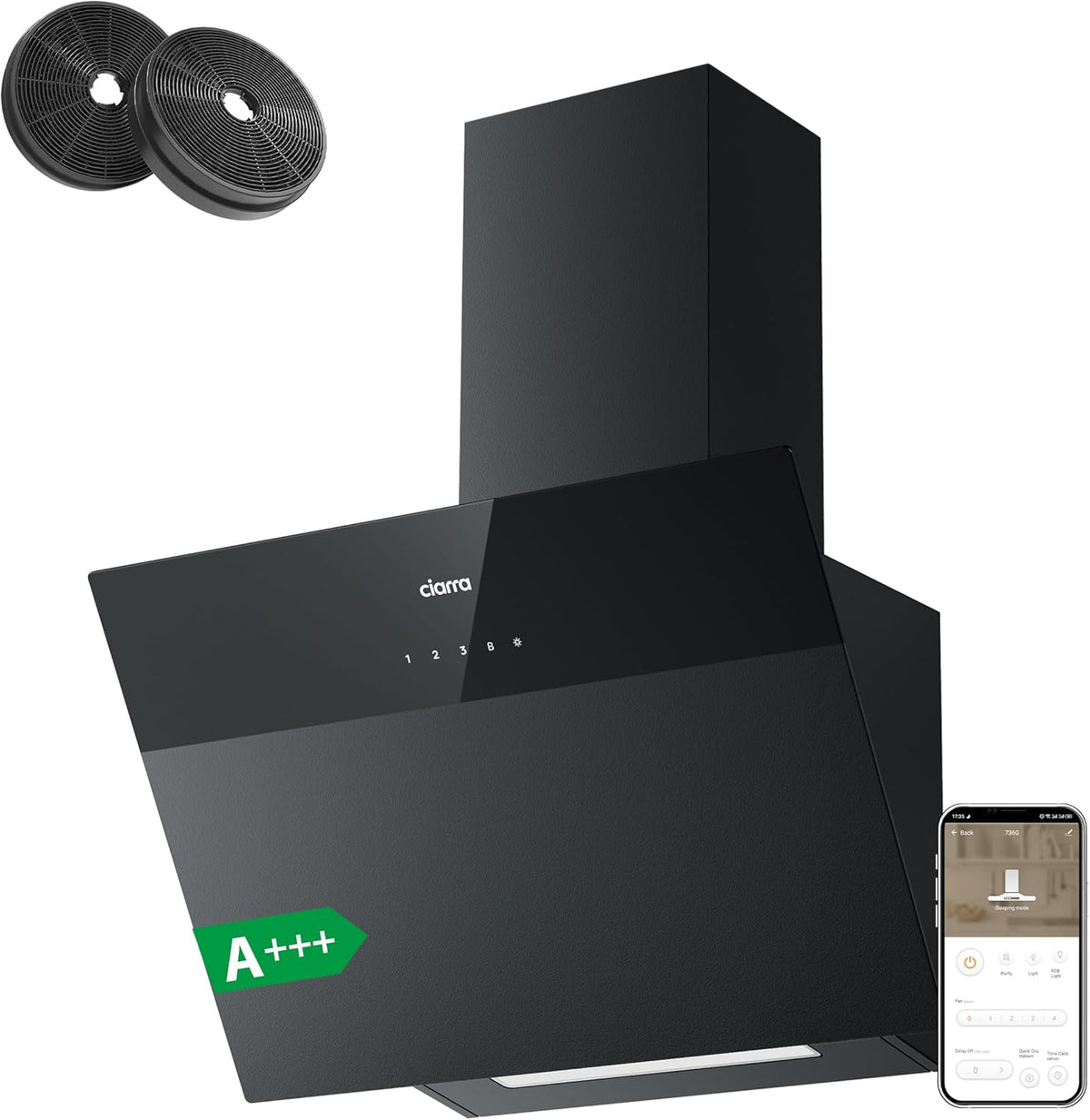 Ciarra CBCF6736H Hotte inclinée 60 cm verre dépoli - Débit 650 m3 par h avec 3 vitesses et Boost - WiFi et commande tactile - Filtre charbon inclus LED dimmable A+++