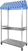 Chariot mobile de nourriture bleu avec auvent rayé - Étal de marché pliable à 2 niveaux - Roues verrouillables avec cadre en fer - Stand pour marchés et événements