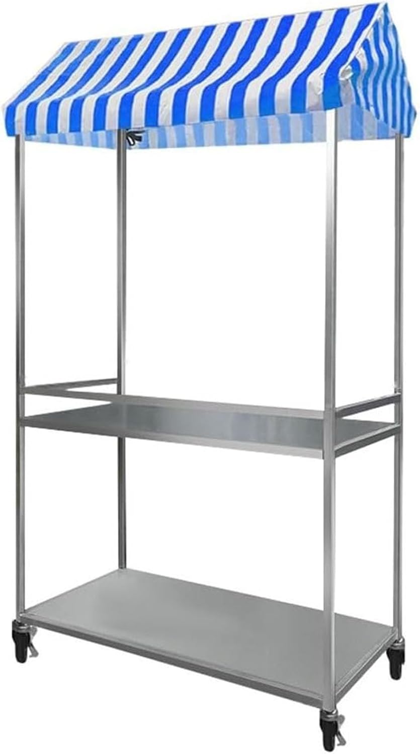Chariot mobile de nourriture bleu avec auvent rayé - Étal de marché pliable à 2 niveaux - Roues verrouillables avec cadre en fer - Stand pour marchés et événements