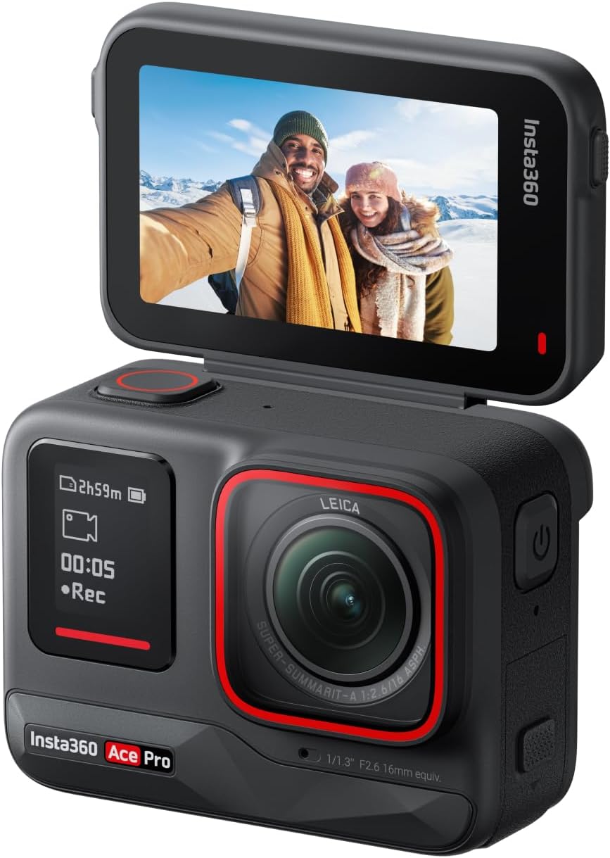 Insta360 Ace Pro Caméra action 4K 120 fps conçue avec Leica - Capteur 1 sur 1,3 pouce avec réduction bruit IA - Écran rabattable 2,4 pouces - Bluetooth et fonctions IA