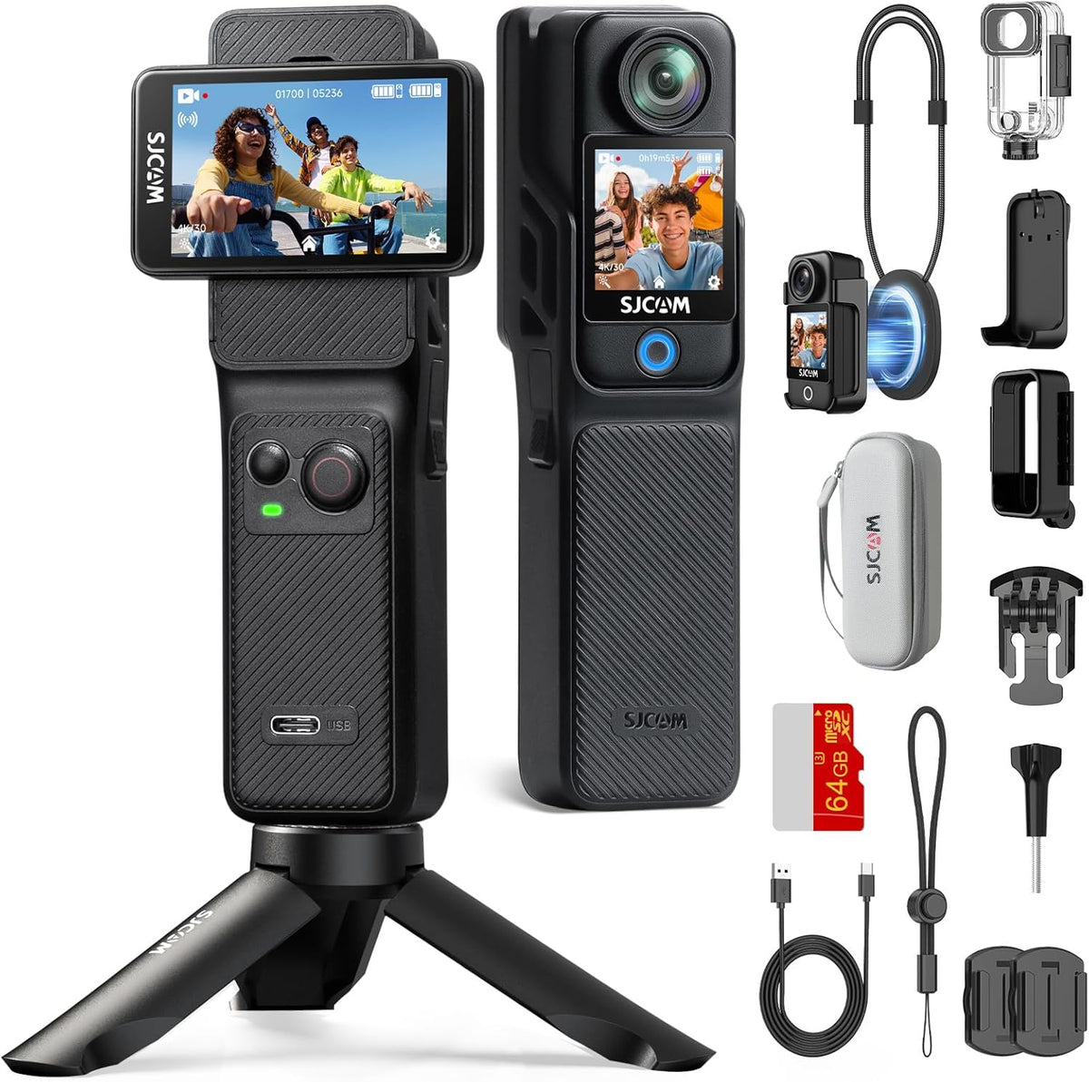 SJCAM C400 Vlog Bundle 64 Go Caméra action 4K noire - Autonomie jusqu à 7 h - Écran tactile rotatif 2,29 pouces - Stabilisation 6 axes pour vlog voyage et YouTube