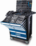 Scheppach TW1100 servante d'atelier équipée - 70 outils et 7 tiroirs de rangement - Chariot mobile verrouillable sur 4 roulettes - Servante bleue 77 x 46 x 98 cm