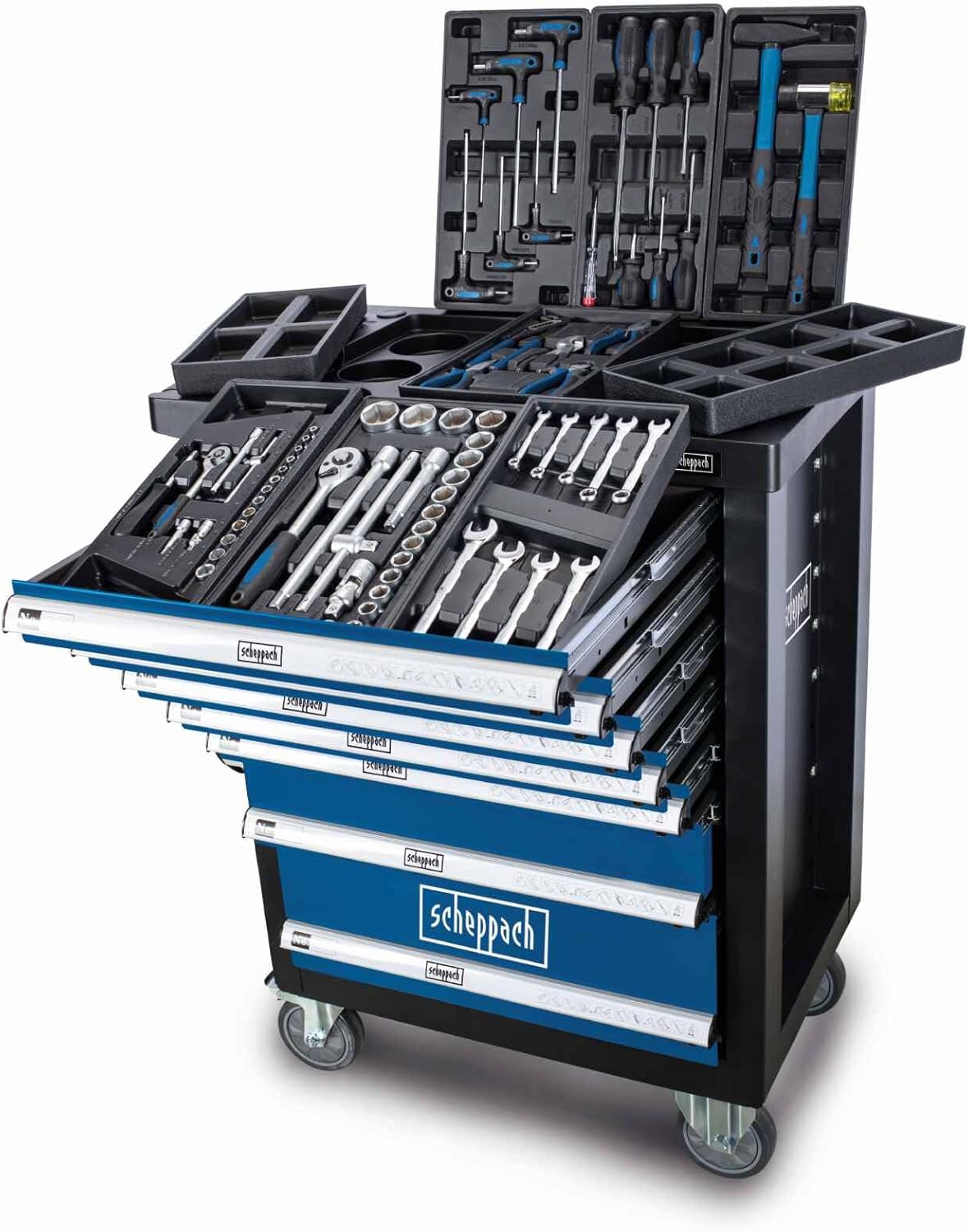 Scheppach TW1100 servante d'atelier équipée - 70 outils et 7 tiroirs de rangement - Chariot mobile verrouillable sur 4 roulettes - Servante bleue 77 x 46 x 98 cm