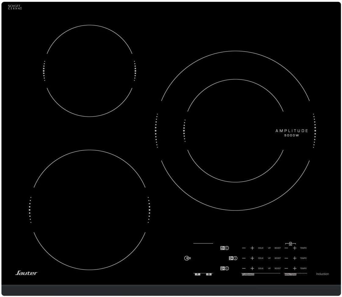 Sauter SPI4362B - Plaque induction encastrable 3 foyers 7200 W - Fonction EasyCook surface vitrocéramique noire - Encastrement 56 x 49 cm fabriquée en France