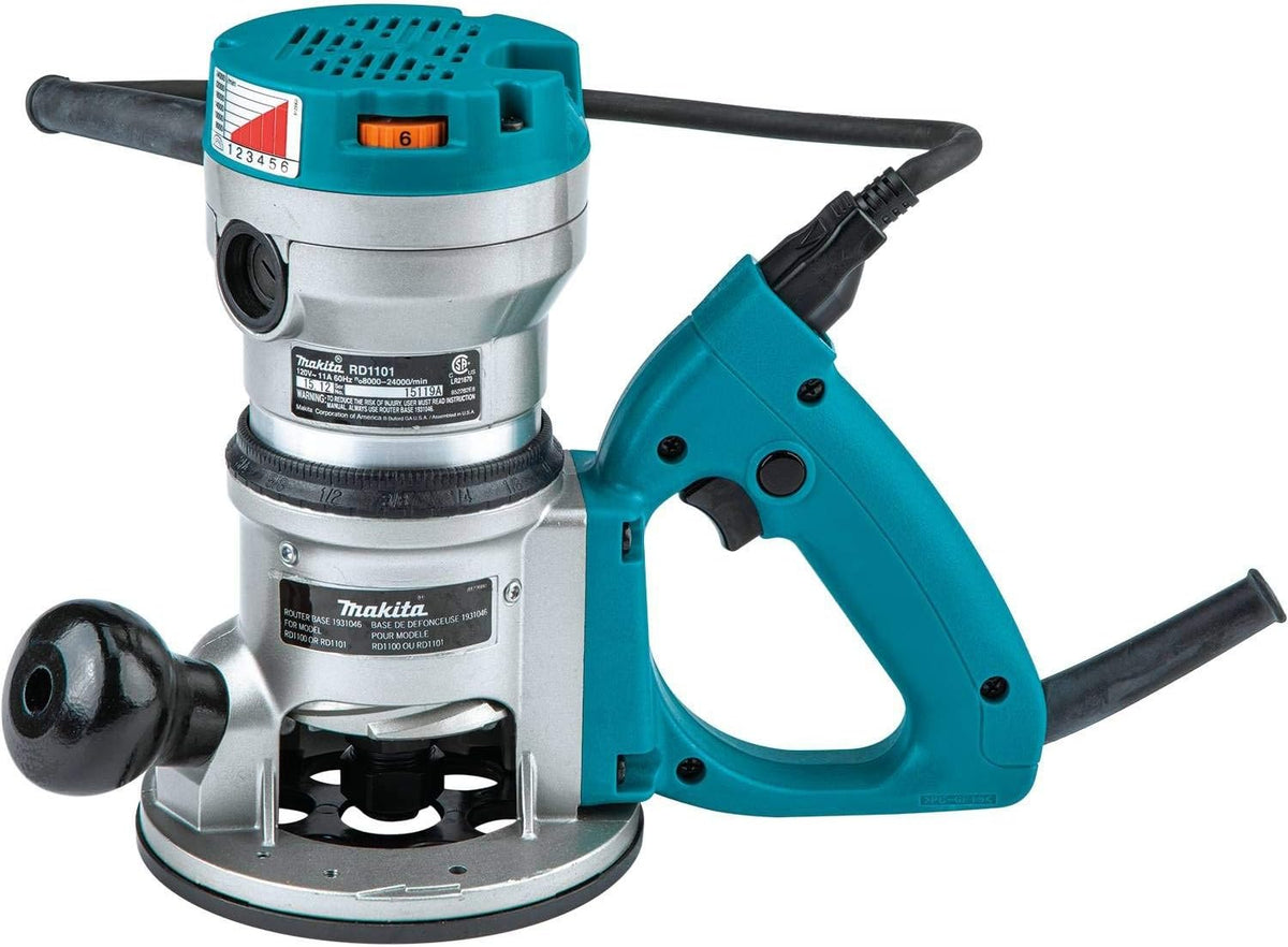 Makita RD1101 défonceuse électrique vitesse variable 2,25 CV - Base fixe aluminium - Alimentation filaire 115 V - Poignée en D