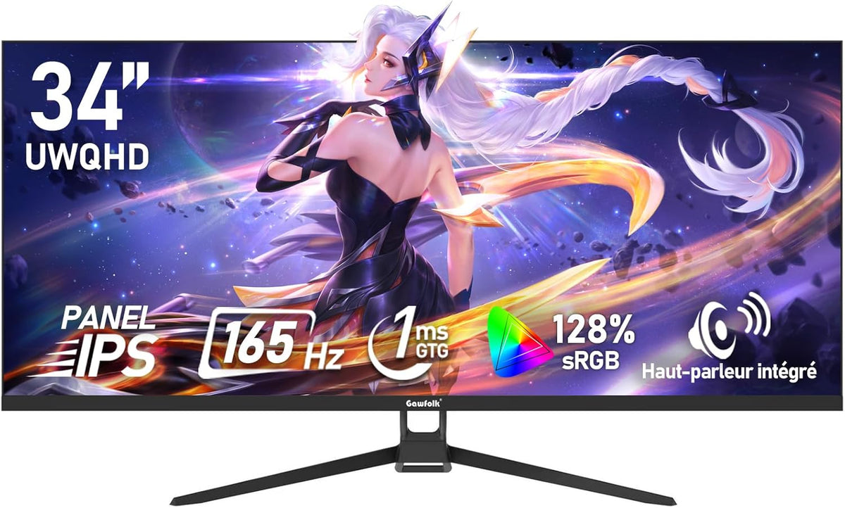 Gawfolk écran PC gaming ultra large 34 pouces - UWQHD 3440 x 1440 IPS 165 Hz - Adaptive Sync haut parleurs intégrés - DisplayPort HDMI VESA 75 x 75 écran mat noir