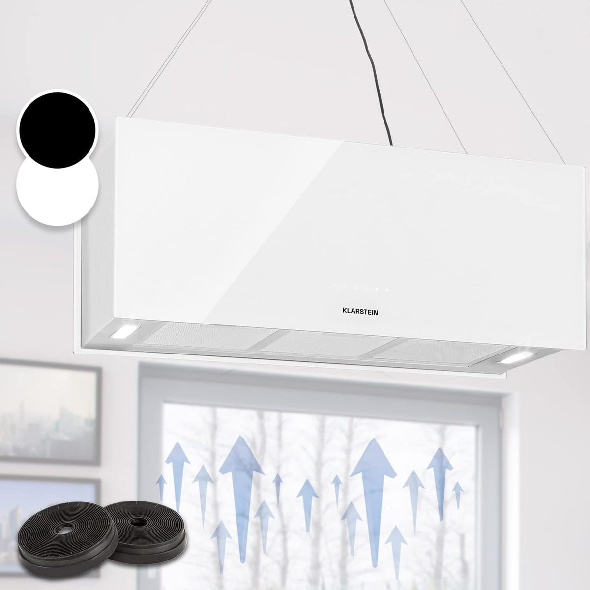 Klarstein - Hotte aspirante îlot central 90 cm 590 m3 h - Commande tactile minuterie 3 modes - Filtre charbon actif recyclage finition verre blanche