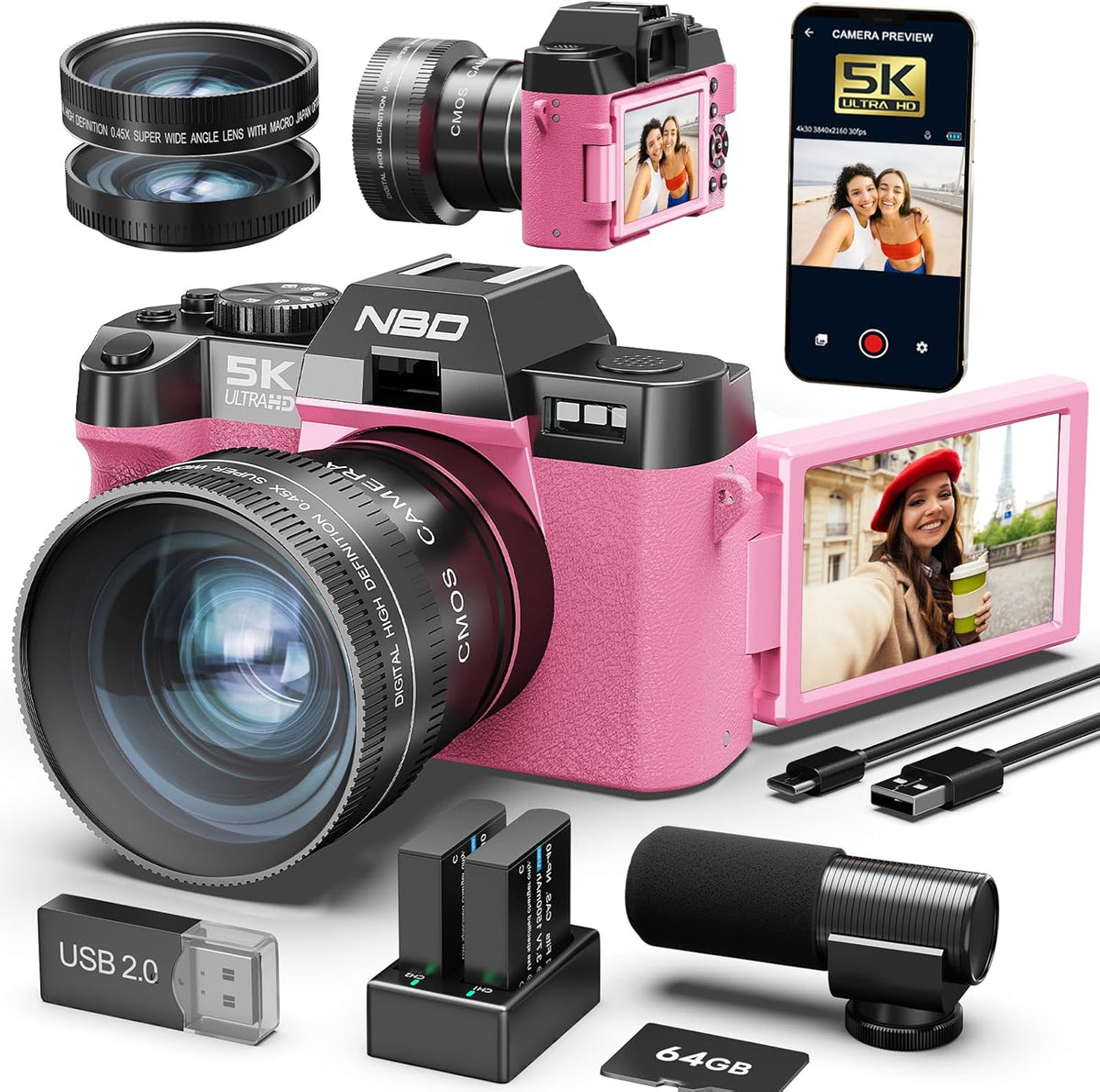 NBD appareil photo numérique 5K - photo 64 MP rose autofocus zoom numérique 16x - écran IPS 3 pouces rotatif 180 degrés - WiFi grand angle macro micro carte 64 Go