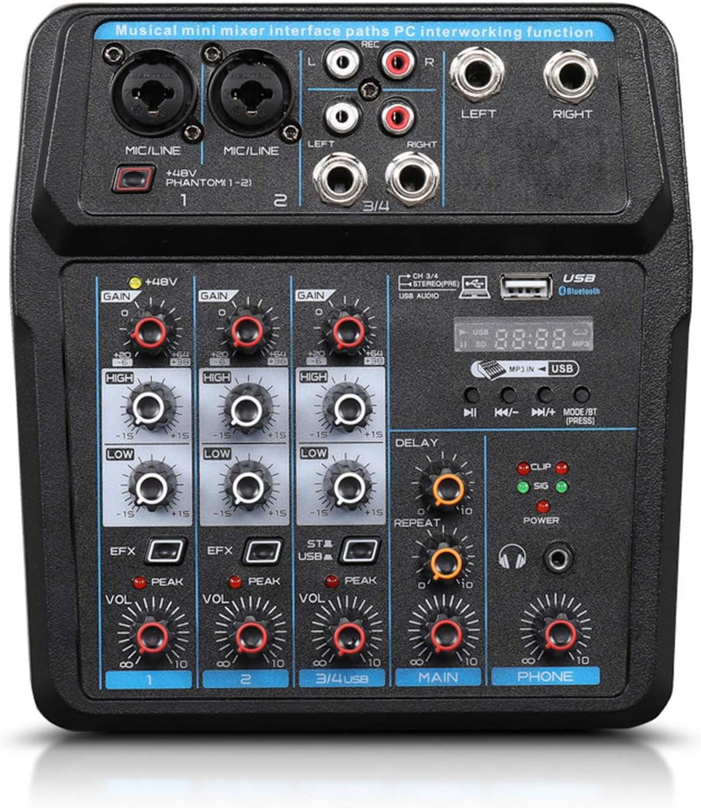 FOELANNE Console de mixage audio studio - Interface de contrôle DJ pour mixage en direct - USB pour enregistrement sur ordinateur - Bluetooth pour débutants et utilisateurs professionnels