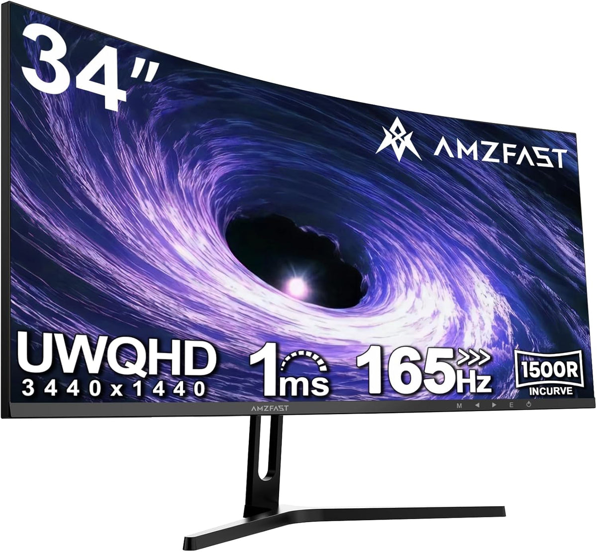 Amzfast AMZG34C5Q - Écran PC gamer incurvé 34 pouces UWQHD 3440 x 1440 165 Hz - 1 ms MPRT Adaptive Sync HDR PIP PBP - Courbure 1500R HDMI 2.0 DP 1.4