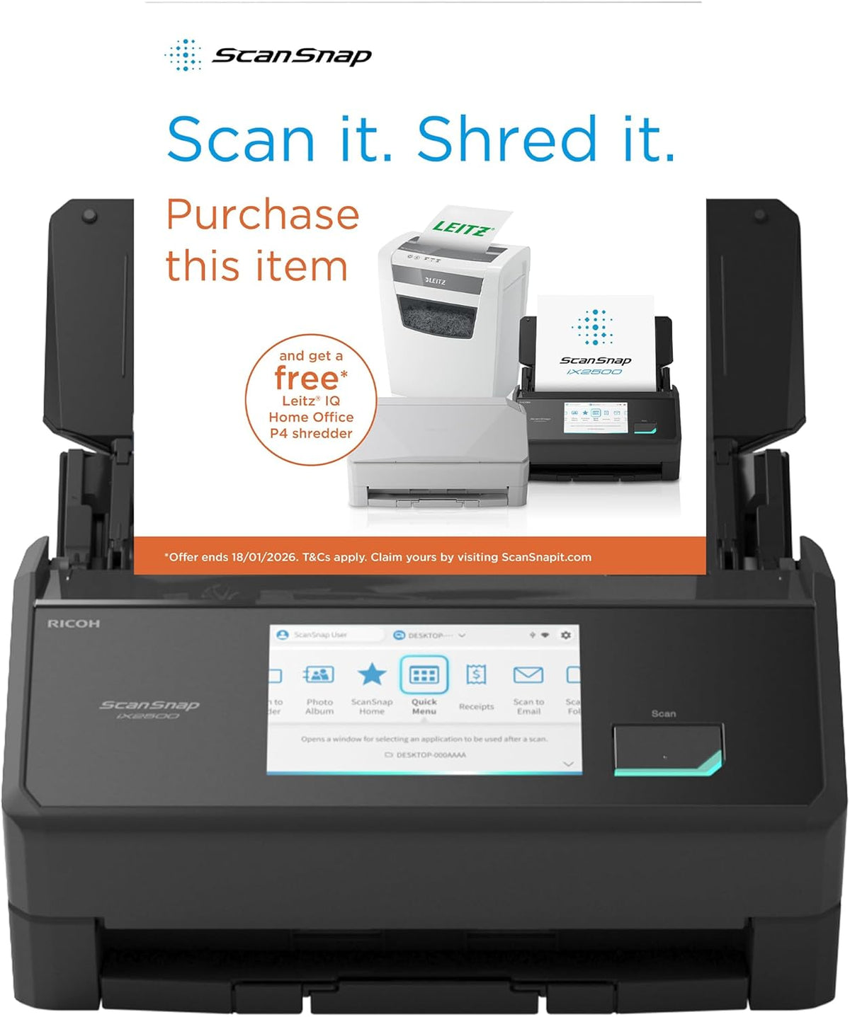 Ricoh ScanSnap iX2500 scanner A4 - double CIS 600 x 600 dpi recto verso - jusqu à 45 pages par minute - USB profondeur couleur 24 bits Windows macOS