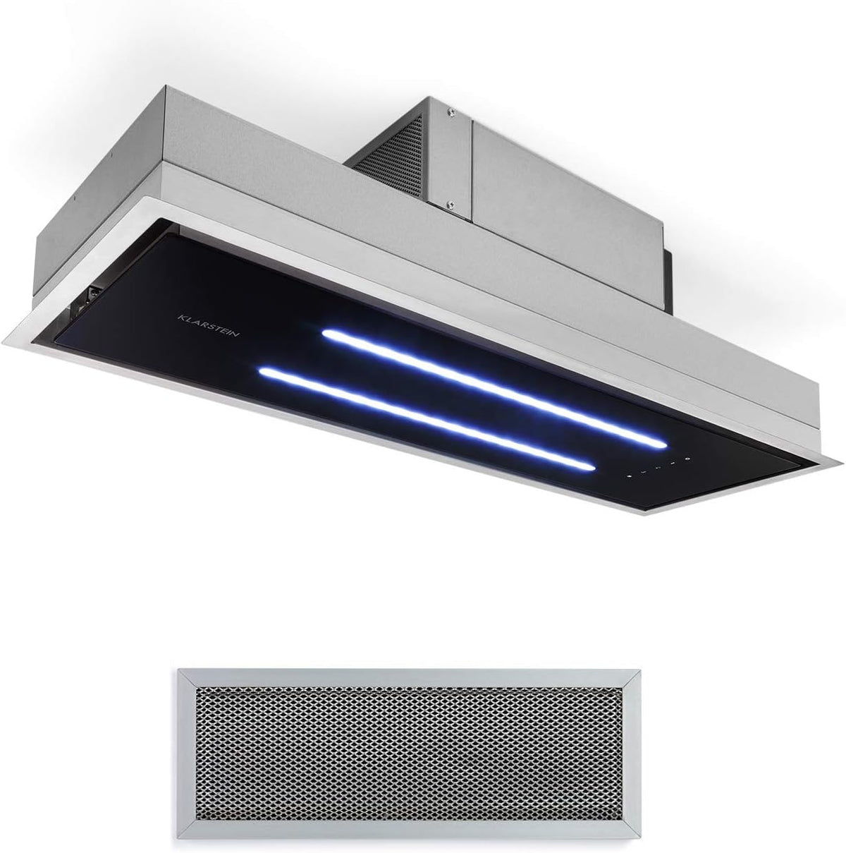 Klarstein High Line - Hotte aspirante de plafond encastrable 77 cm - Débit 410 m3 h recyclage ou évacuation - 3 niveaux LED télécommande filtre charbon actif inox verre noir