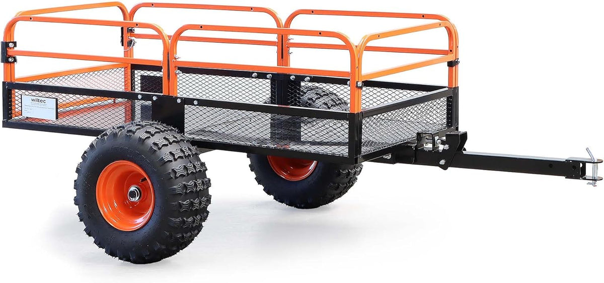 Wiltec remorque basculante pour tondeuse ATV - Charge maximale 680 kg dimensions 216 x 121,9 x 76,2 cm - Grille et parois amovibles - Benne acier pour jardin transport