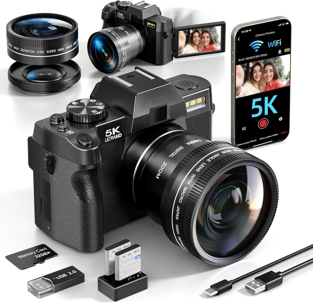 Appareil photo numérique 5K - photo 64 MP capteur CMOS compact - WiFi objectif grand angle et macro - stabilisation image pour photographie vidéo et vlogging