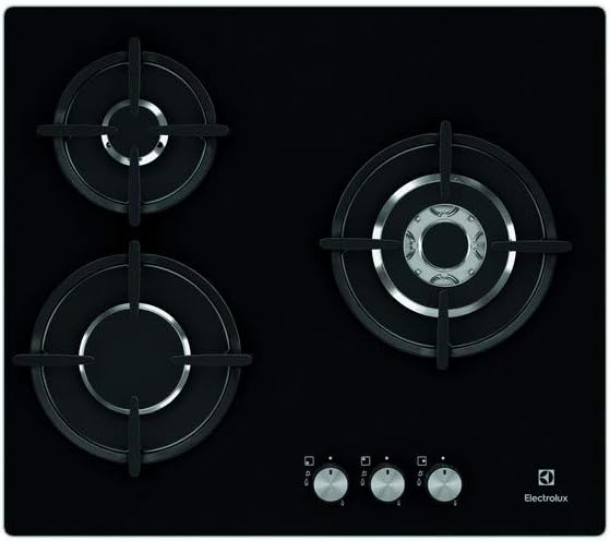 Electrolux EGT6633NOK - Plaque gaz 3 foyers - Surface en verre noir avec brûleurs gaz naturel - Format 59 cm pour cuisine et cuisson quotidienne