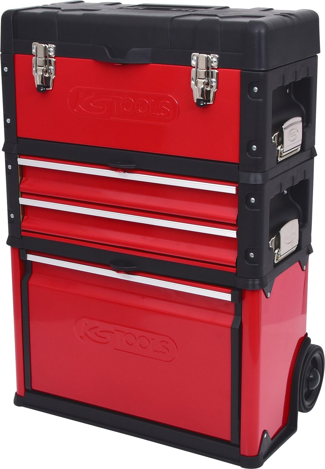KS Tools 850.0340 servante d'atelier mobile - 2 tiroirs équipés et boîte à outils amovible - Chariot cadenassable sur 2 roues - Charge maximale 75 kg rouge et noir