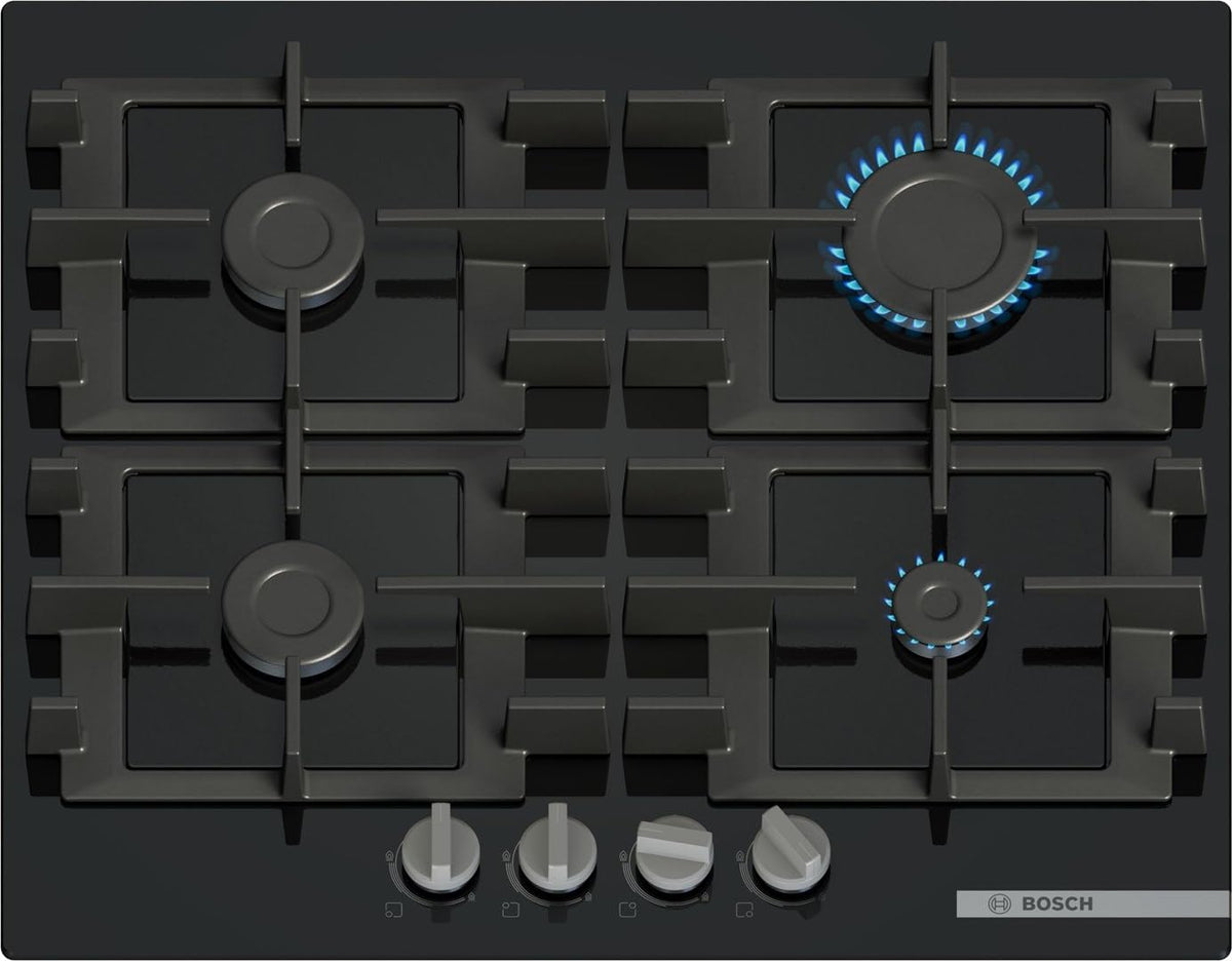 Bosch PNP6B6K40 Série 4 Plaque gaz 60 cm - 4 foyers sur verre trempé noir - Grilles en fonte lavables au lave vaisselle - Table de cuisson pour gaz naturel