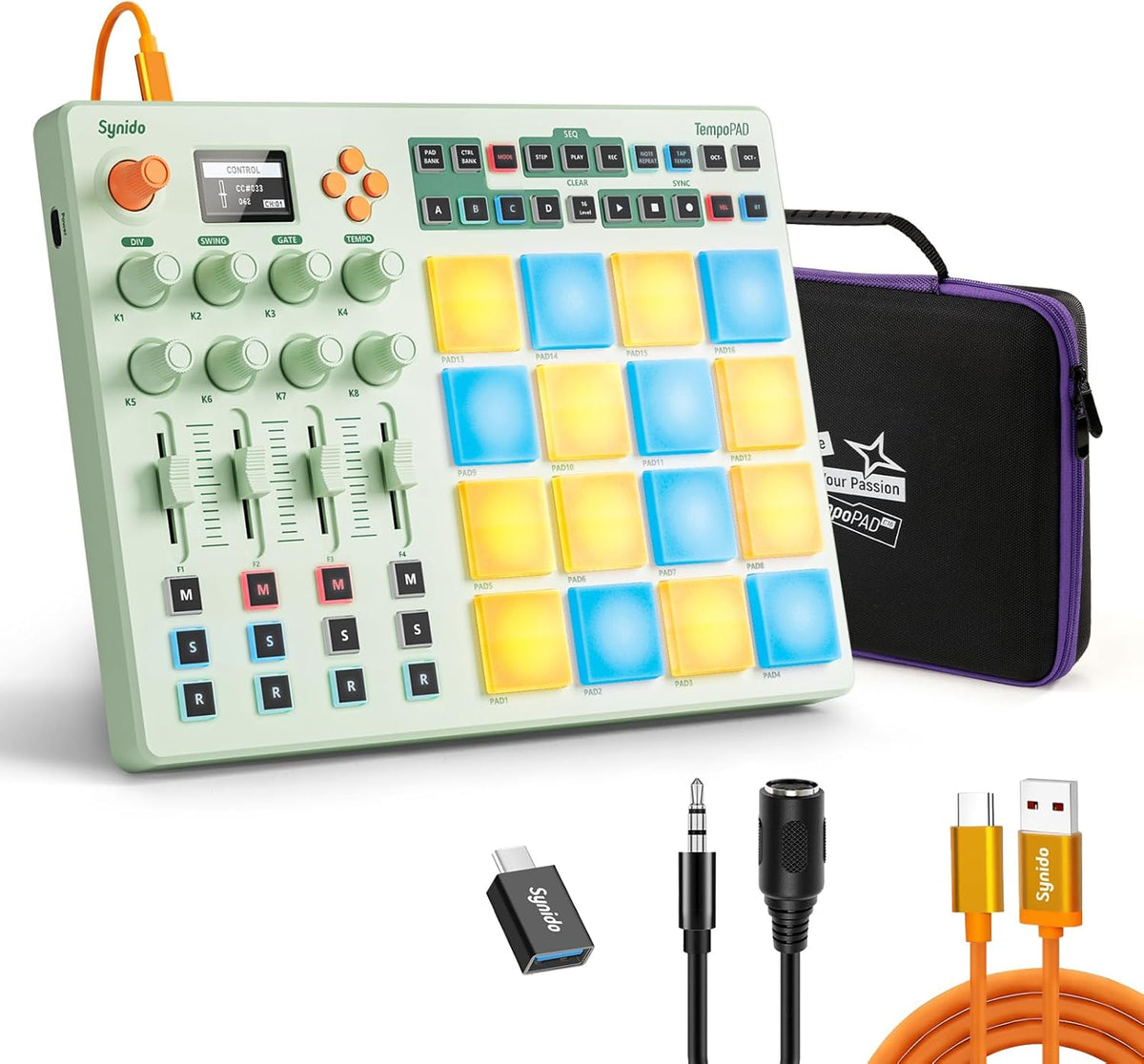 Synido TempoPAD C16 Contrôleur MIDI Pad vert menthe - 16 pads sensibles à la vélocité - Écran LED et pavé tactile - USB avec MIDI sans fil pour beatmaking et production
