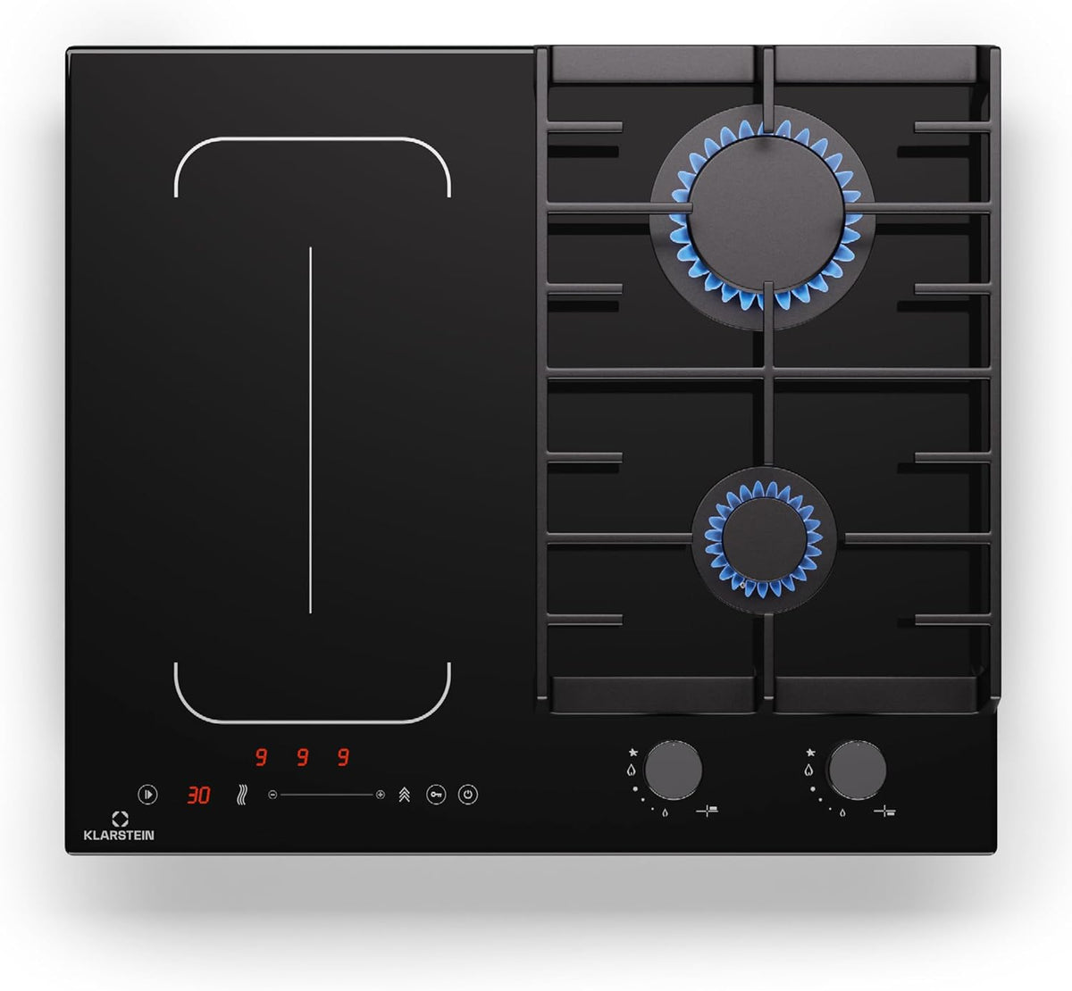 Klarstein MultiChef 4 Plaque mixte 7 kW - 2 foyers gaz et 2 zones induction Flexzone - Stop and Go avec minuterie - Verre céramique noir et supports fonte 58,5 cm