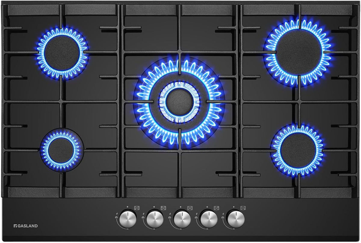 GASLAND GH2805BG1FC - Plaque gaz encastrable 5 feux 10,4 kW - Brûleur wok verre trempé noir 76 cm - Compatible GPL gaz naturel avec protection extinction