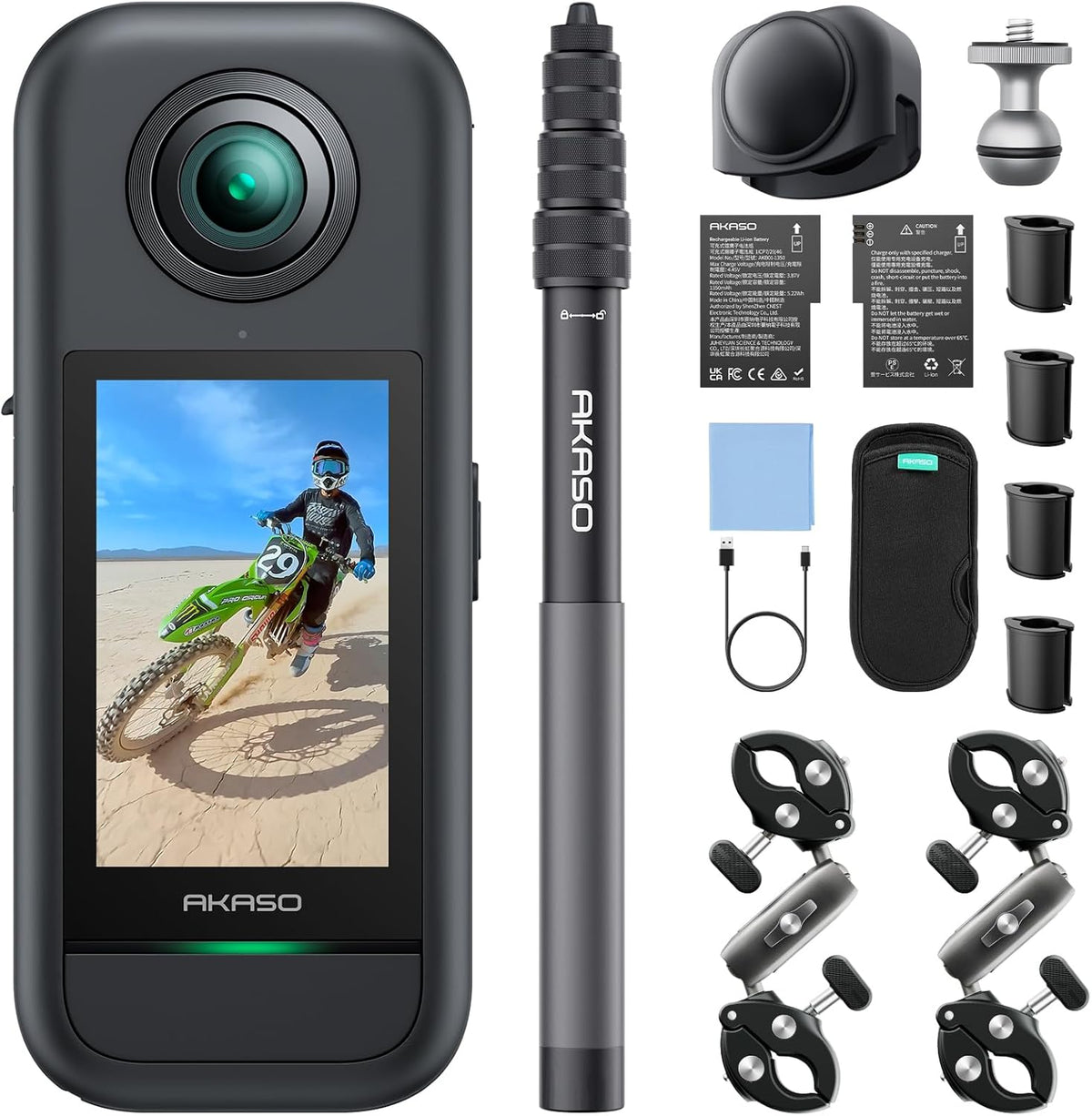 AKASO 360 Kit Moto - Caméra action 360 5,7K avec carte 128 Go - Photos 72 MP SuperSmooth et selfie stick invisible - Écran 2,29 pouces Horizon Lock Wi-Fi