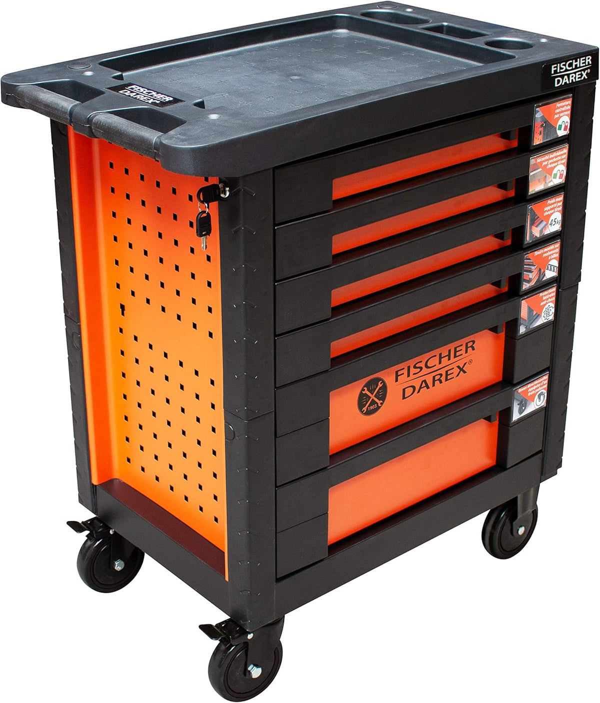 Fischer DAREX D ATELIER - Servante atelier vide 6 tiroirs - Acier allié charge jusqu'à 700 kg - Anti basculement serrure centrale orange noir pour rangement outils