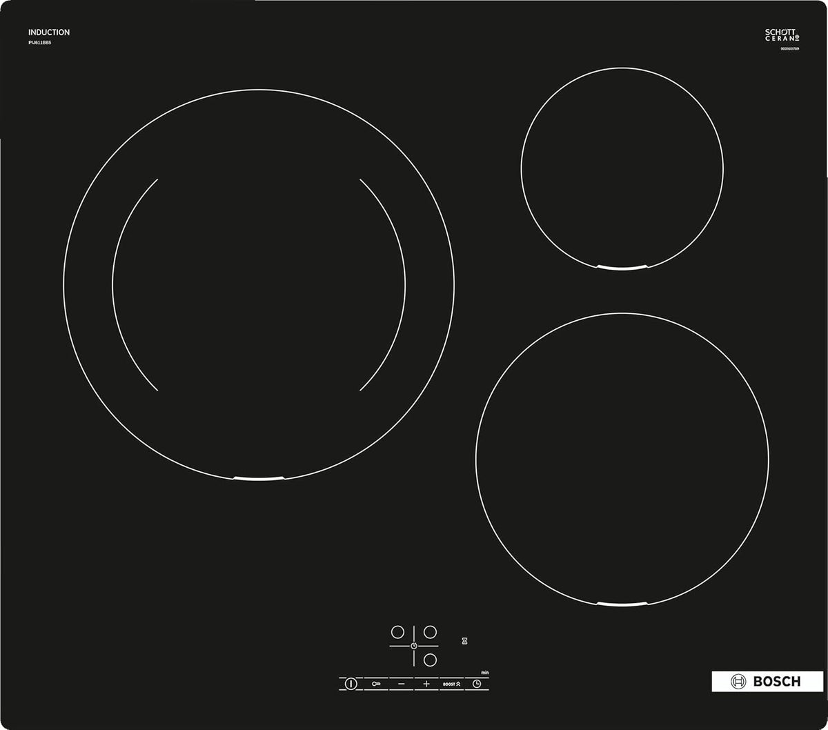 Bosch PIJ611BB5E Série 4 - Plaque induction 3 foyers 60 cm 7400 W - Minuterie intégrée et surface en verre noir - Table de cuisson électrique encastrable