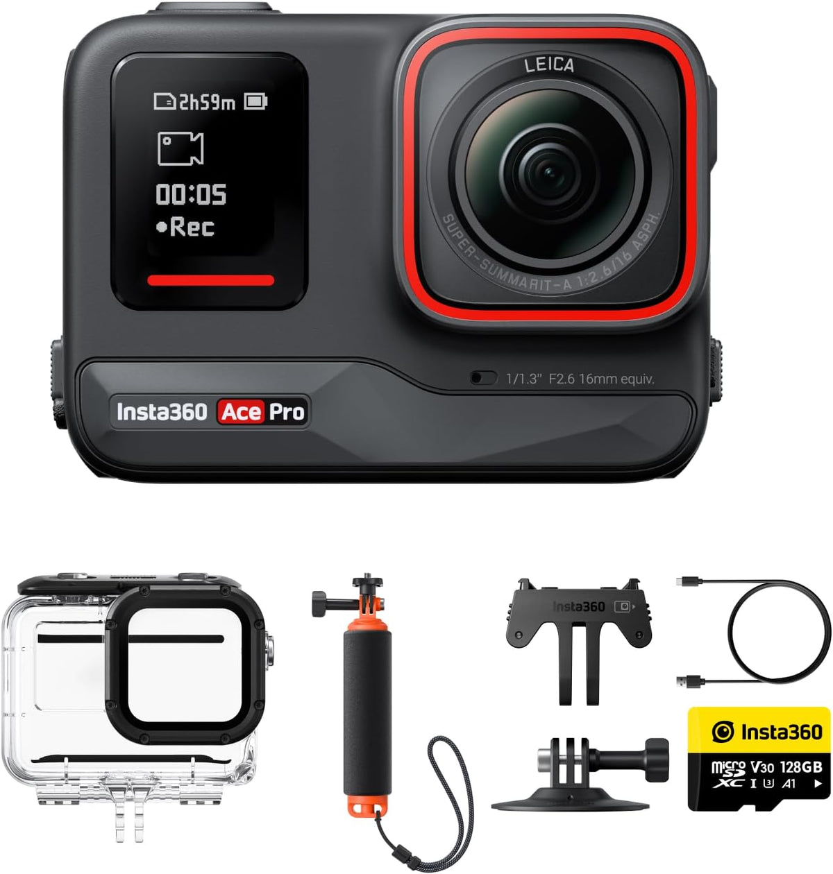 Insta360 Ace Pro Pack Plongée caméra action - 4K 120 ips capteur 1 et 1,3 pouce conçu avec Leica - écran rabattable 2,4 pouces - réduction bruit IA et étanchéité