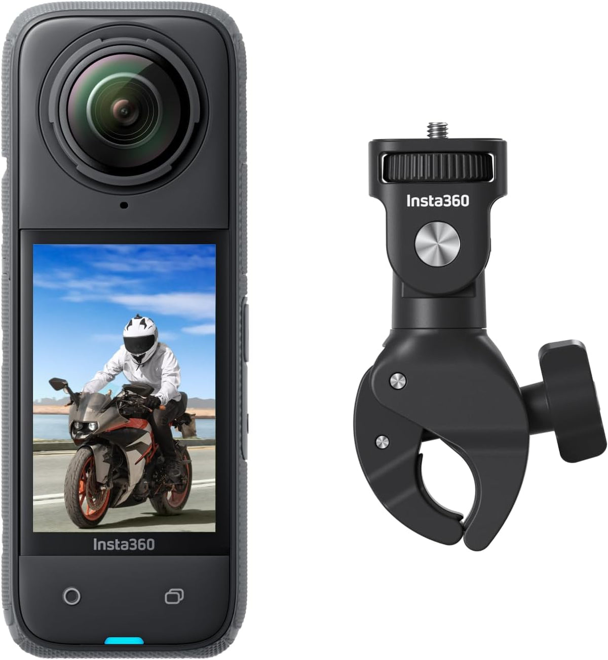 Insta360 X4 Pack Moto Guidon Caméra 360 8K - Vidéo grand angle 4K et perche selfie invisible - Autonomie jusqu à 135 min - Protège objectifs amovibles édition IA Bluetooth
