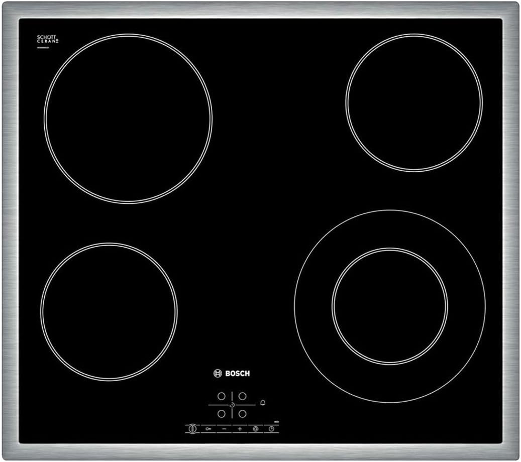 Bosch PKF645B17E Série 4 Plaque vitrocéramique 6600 W - 4 foyers sur 60 cm - Cadre inox et surface noire - Minuterie intégrée pour cuisson électrique encastrable