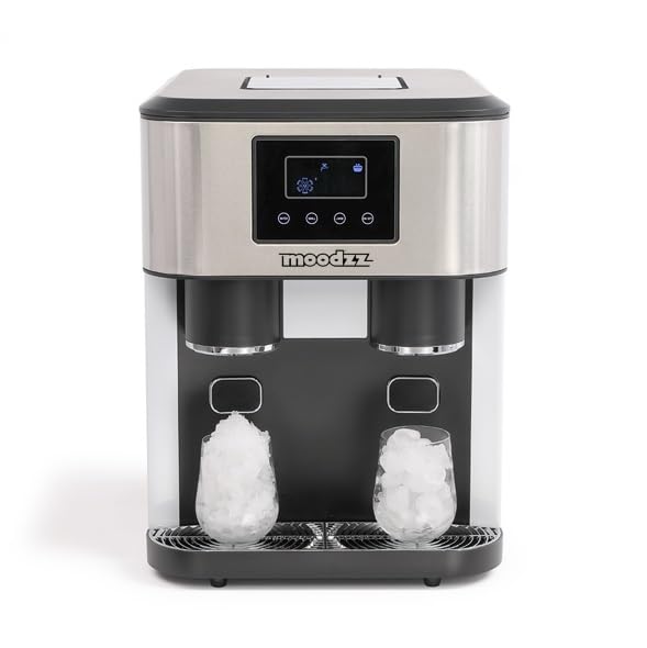 MOODZZ Machine à glaçons 3 en 1 avec eau froide - Production 15 à 18 kg par 24 h - Glace pilée et deux tailles de glaçons - Écran LCD et système de refroidissement R600a