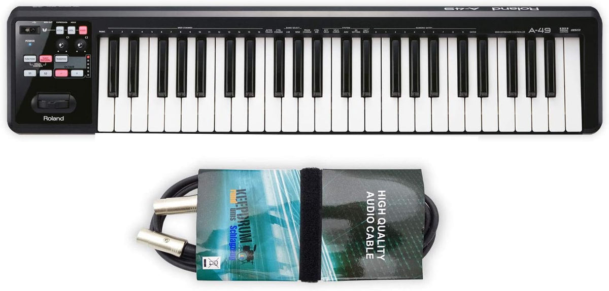 Roland A-49 BK - Clavier contrôleur MIDI USB 49 touches léger - Modèle noir avec câble USB et câble MIDI Keepdrum 2 m - Pour studio production et instruments virtuels