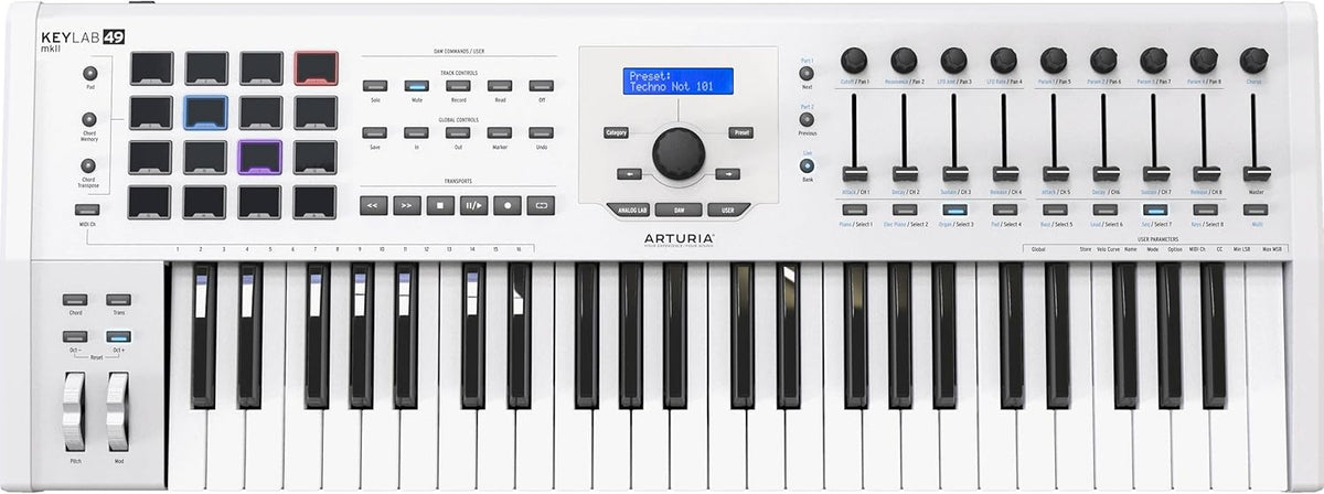 Arturia KeyLab 49 MkII Blanc Clavier maître MIDI USB - 49 touches avec aftertouch - Intégration logicielle avancée - Construction robuste avec 10 superpositions incluses