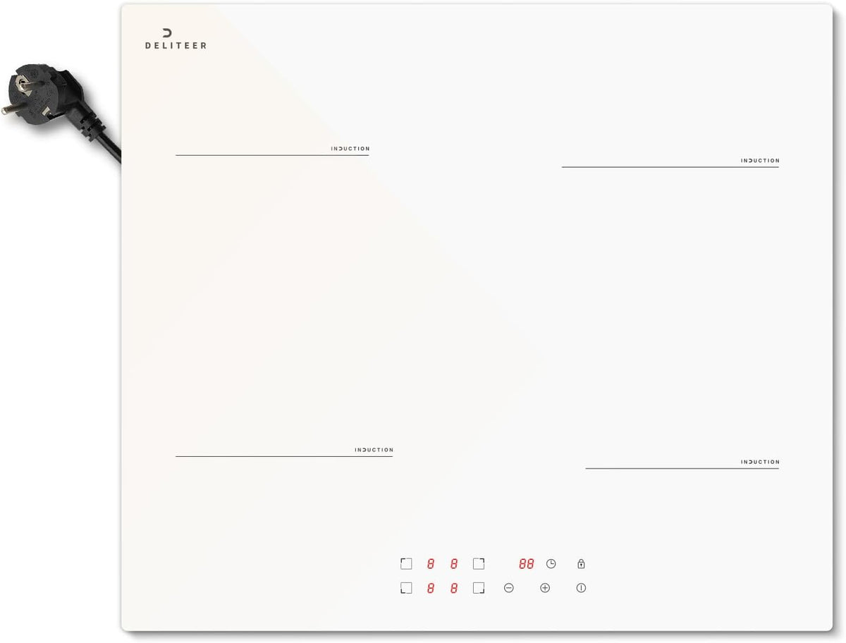 DELITEER plaque induction blanche - 4 feux largeur 60 cm puissance 3500 W - verre vitrocéramique commandes tactiles - prise 220 V et verrouillage sécurité encastrable